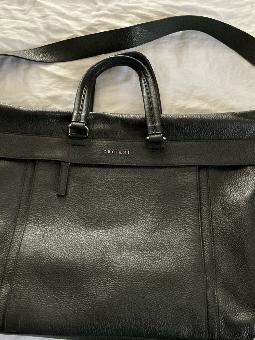 Orciani Black Pebbled Leather Briefcase with Shoulder Strap